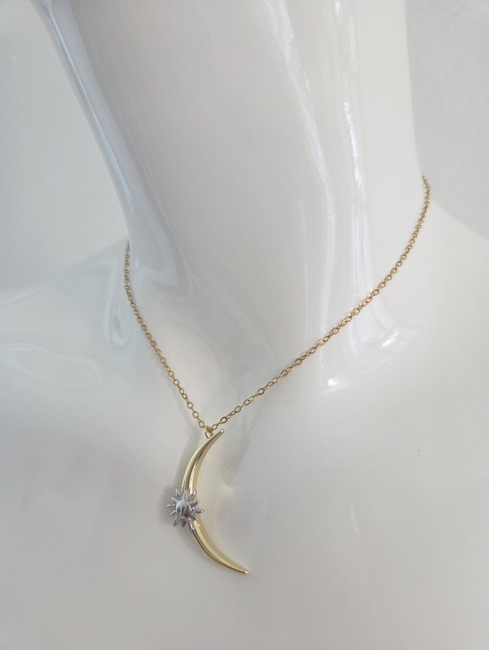 Gold Crescent Moon Sunburst Celestial Pendant Necklace - Picture 16 of 16
